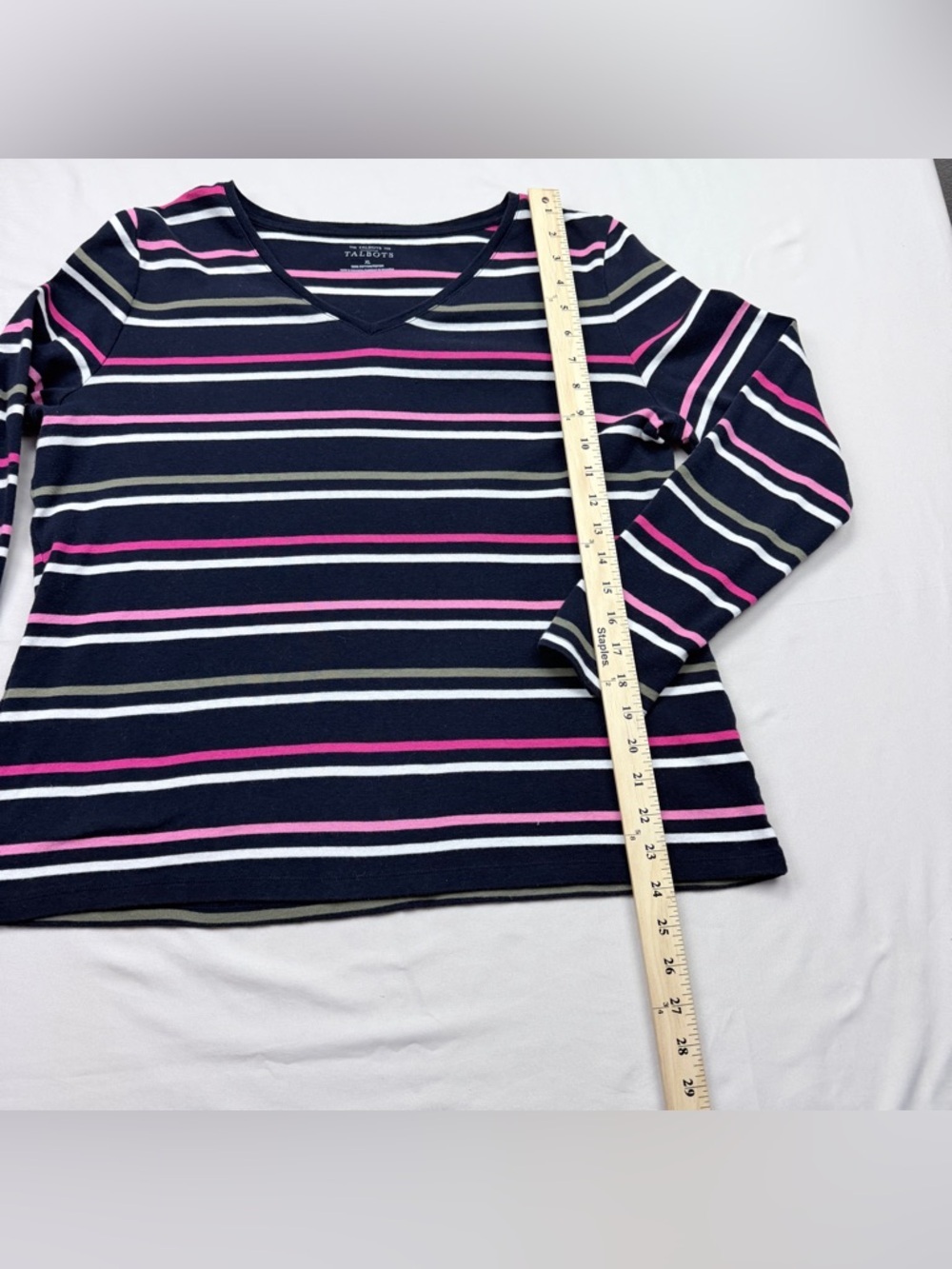 Talbots Navy V-Neck Long Sleeve Top with Pink & White Stripes - Picture 4 of 9